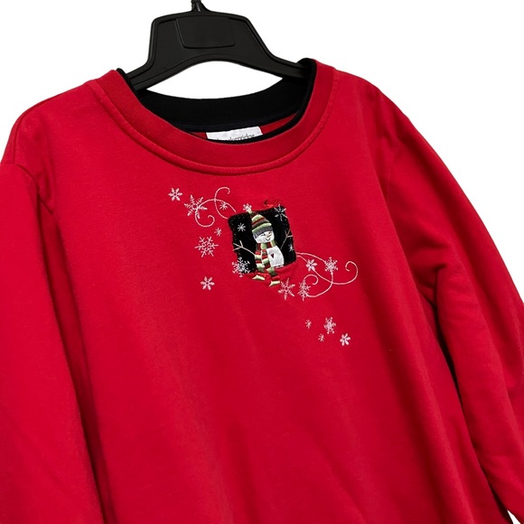 Breckenridge Woman Embroidered Snowman Red Double Collar Crewneck Sweatshirt - Picture 2 of 9